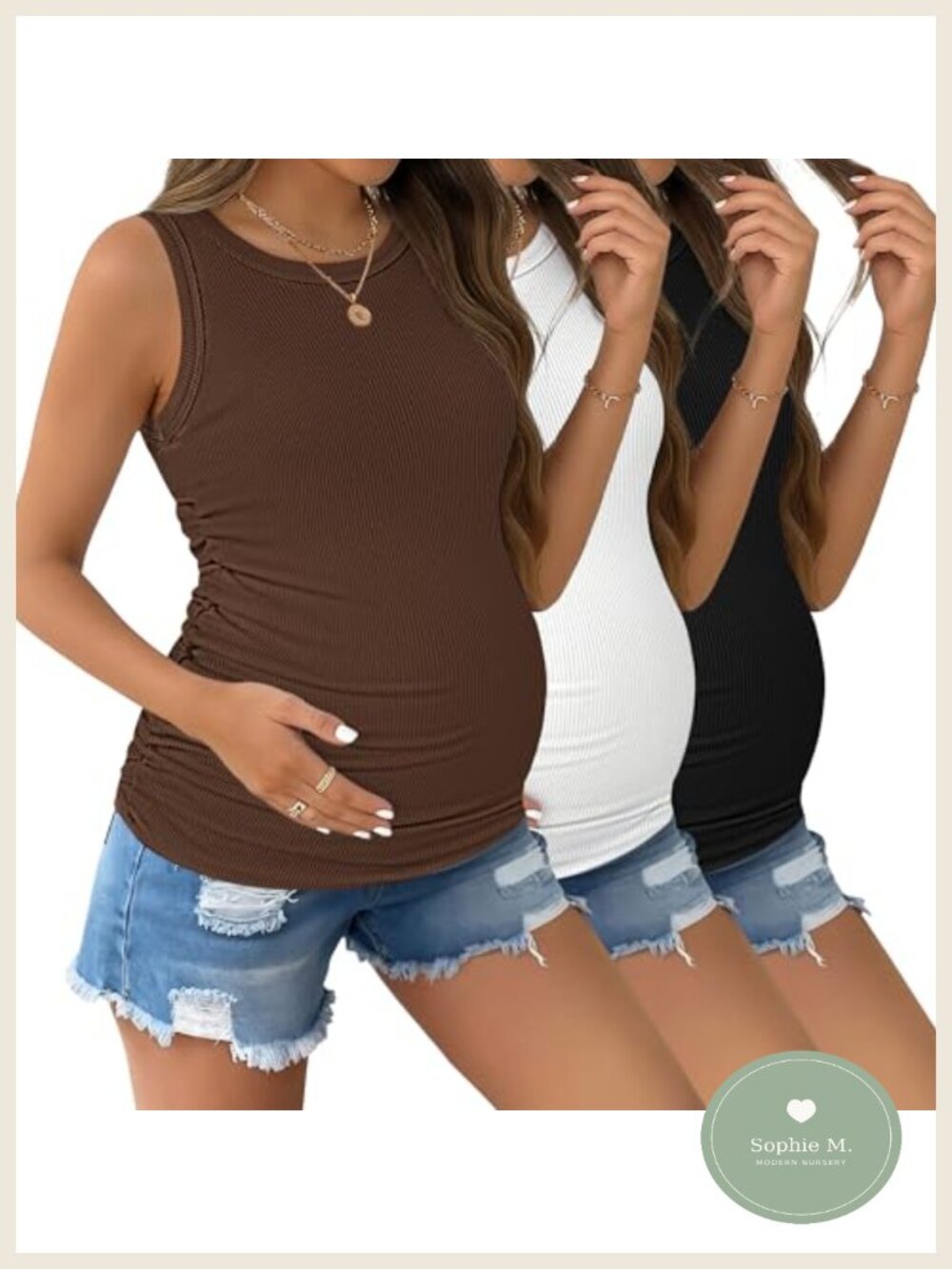 Maternity Tank Tops 3 Pack Ribbed Stretch Crew Neck Sleeveless